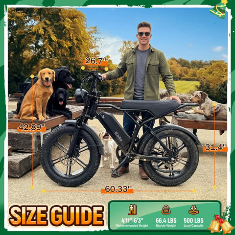 Beast Fat Tire Electric Bike For Adults With 1500W Peak Motor And 60 Mile Range shown with size guide outdoors