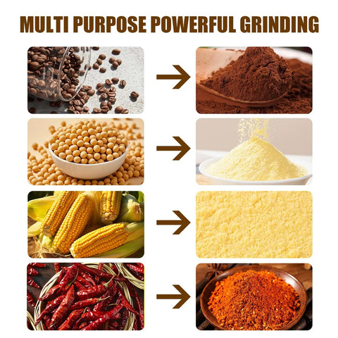 Premium 304 Stainless Steel Electric Grain Mill Grinder crushes coffee beans, soybeans, corn, and spices into fine flour.