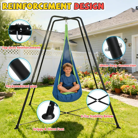 Heavy-Duty X Shaped Sensory Swing Stand For Kids With Pod Chair, 330 Lbs Capacity, shown in backyard setting