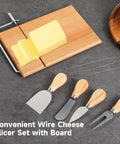 Professional Wood Cheese Slicer And Cutting Board Set Featuring Four Adjustable Wire Blades For Effortless Hard And Soft Cheese Slicing A Top Shelf Kitchen Essential That Makes Food Prep Hit Different with butter on board.