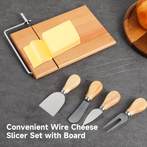 Professional Wood Cheese Slicer And Cutting Board Set Featuring Four Adjustable Wire Blades For Effortless Hard And Soft Cheese Slicing A Top Shelf Kitchen Essential That Makes Food Prep Hit Different with butter on board.