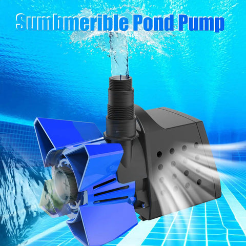 Heavy Duty Submersible Pond And Sump Pump Delivering 5000 GPH With 20 Feet Max Head Blue Housing For Backyard Water Features Runs Smooth As Silk With Easy Peasy Hookups And Zero Hassle Daily showing blue submersible pond pump with water flow.