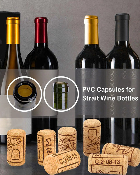Wine Bottle Corks And Seals Kit With 200 Pcs Corks And 100 Pcs PVC Caps, showing bottles with corks and caps.