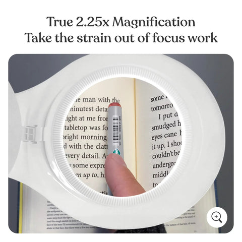 Person using Desk Magnifier Lamp 2.25x With LED Light for Reading, Crafts and Close Detail Work So You Can Zoom In Like A Boss.