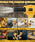 Cordless Leaf Blower Powerhouse With 380W Motor Delivers Up To 100000 RPM And A 47 Meters Per Second Wind Three Speed Settings Ultra Lightweight Handheld Design Ideal For Yard Patio Car Driveway Cleaning Battery Not Included 8 To 21 Volts Compatible showcased in various cleaning scenarios.