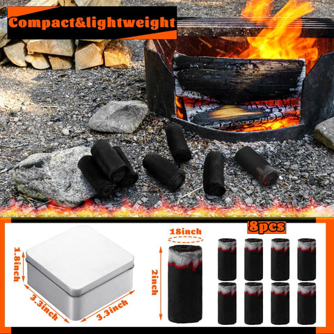 Char Cloth Fire Starter Refills For Bushcraft And Outdoor Survival Eight Rolls Quick Ignite In 0.5 To 3 Seconds displayed near campfire.