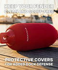 Complete Boat Fender Package With Four Red 8.5 Inch By 27 Inch Bumpers Four Red Covers Four 10 Foot Braided Lines And Hand Pump For 25 To 40 Foot Boats Marine Grade UV Resistant PVC With A Ribbed Design showing a red fender on dock