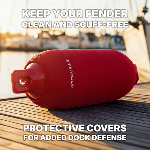 Complete Boat Fender Package With Four Red 8.5 Inch By 27 Inch Bumpers Four Red Covers Four 10 Foot Braided Lines And Hand Pump For 25 To 40 Foot Boats Marine Grade UV Resistant PVC With A Ribbed Design showing a red fender on dock