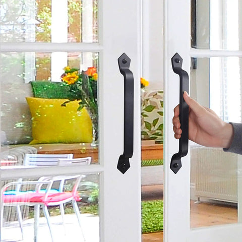 Person using Rustic Barn Door Handle 11 Inch Cast Iron Sliding Gate Pull Black Heavy Duty Fence Door Hardware, Vintage Long Gate Handle For Outdoor Garage Interior, 2 Pack on glass door.