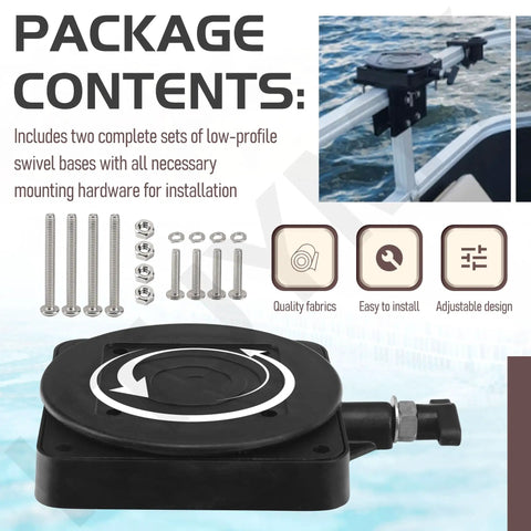 2 Pack Low Profile Swivel Base Downrigger Replacement Kit featuring hardware and installation instructions, showcasing 360 degree rotation.