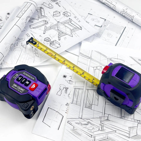 3 In 1 Laser Tape Measure With 197ft Long Range Laser, 16ft Manual Tape, AutoLock, Cross Line Laser Guidance, Unit Switch Ft In M, Measures Area Volume And Pythagorean Purple Finish on blueprints