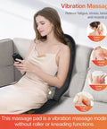 Woman using Back Massager Chair Pad With Heat, 10 Vibrating Motors for Office Chair and Home Use, on a sofa, viewing phone.