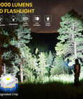 Person using Beast Mode 99000 Lumen USB Rechargeable Flashlight Pack illuminating forest at night, showcasing brightness and range.