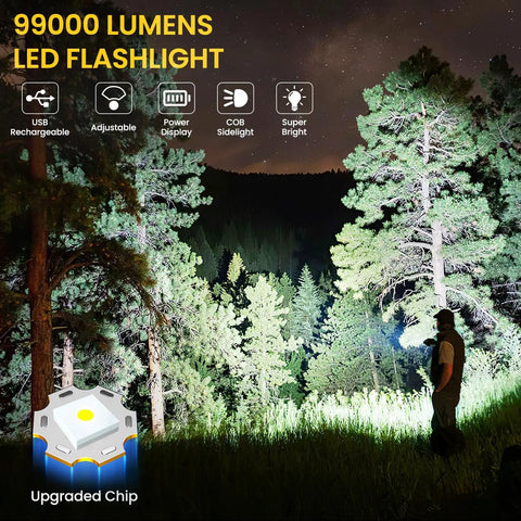 Person using Beast Mode 99000 Lumen USB Rechargeable Flashlight Pack illuminating forest at night, showcasing brightness and range.