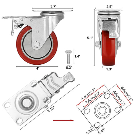 4 Inch Heavy Duty Casters With Dual Locking Swivel Wheels And Non Marking Polyurethane Tires for smooth glide and 1800 lb support.