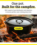 Seasoned 8 Quart Cast Iron Camp Dutch Oven with lid on campfire, dual handles, flanged lid for even heat.