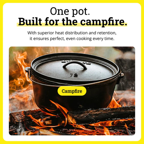 Seasoned 8 Quart Cast Iron Camp Dutch Oven with lid on campfire, dual handles, flanged lid for even heat.