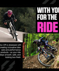 Cyclist speeding on a road bike and mountain biker on forest trail with text 'With You For The Ride' emphasizing performance