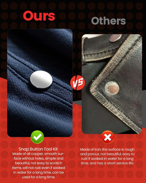 Comparison image of snap button tool kit on different fabrics, highlighting durability and quality, part of Heavy Duty Snap Fastener Tool Kit With Built In Hole Punch.