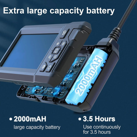 Borescope Endoscope With 4.3 Inch Color Screen And 1080P HD Camera, 8 LED Lights, 16.5 Foot SemiRigid Cord, IP67 Waterproof Sewer Inspection Tool For Home And Pros, Ideal For Pipes, Cars And HVAC; 2000mAh battery open