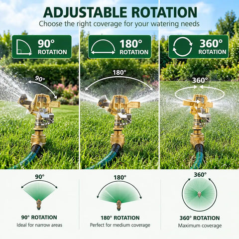 Half Inch Brass Impact Sprinker Head with Adjustable Rotation for 90, 180, and 360 degree coverage for effective yard watering.
