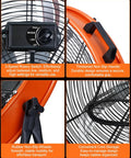 4-in-1 detail of 24 Inch Industrial Drum Fan With 9500 CFM High Velocity Airflow, showing switch, handle, wheels, and cord storage