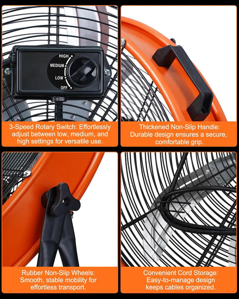 4-in-1 detail of 24 Inch Industrial Drum Fan With 9500 CFM High Velocity Airflow, showing switch, handle, wheels, and cord storage