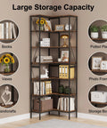 L Shaped Industrial Corner Bookshelf With Six Tier Storage For Living Room And Office, showcasing decor items and books