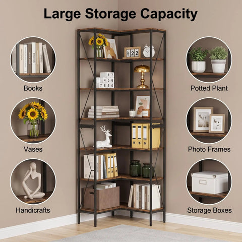 L Shaped Industrial Corner Bookshelf With Six Tier Storage For Living Room And Office, showcasing decor items and books