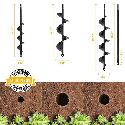 Front view of Auger drill bit set, 3-pack with extension, 3/8" hex drive for planting bulbs, fence posts and holes
