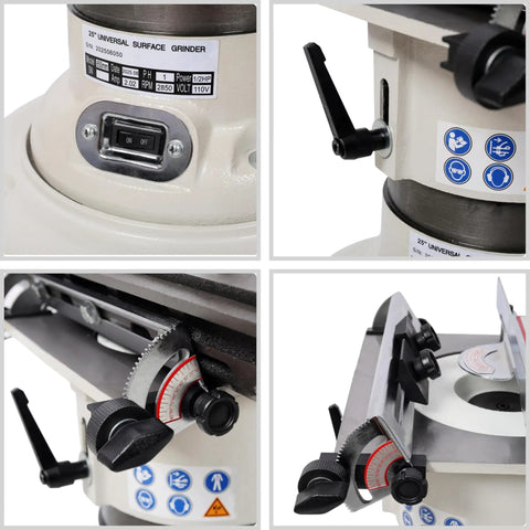 Beefy Six Inch Surface Grinder And Cutter Sharpener With Adjustable Angle Head showing adjustable angle mechanism and controls.