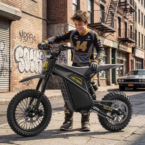 Teen with Villain 4160W Electric Dirt Bike With 52V 26Ah Battery, 14 And 12 Inch Fat Tires, urban neighborhood background.