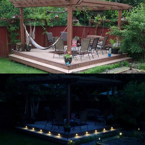 Day and night view of deck with Dope Outdoor LED Deck Lights Kit for Home Yards, Low Voltage 12V DC, IP65 Waterproof Recessed Step Lights
