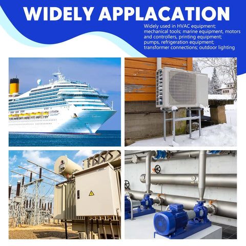Collage showing cruise ship, HVAC unit, transformer, and industrial pipes labeled 'Widely Applacation' for various equipment.