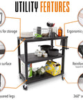 Three Shelf Flat Top Utility Cart That Handles Up To 300 Lbs Heavy Duty HDPE Shelves With Durable PVC Legs Smooth Rolling Wheels With Locking Feature A Workhorse For Office Warehouse Or Garage Storage And Easy Transport, three-shelf cart with shelves and swivel wheels
