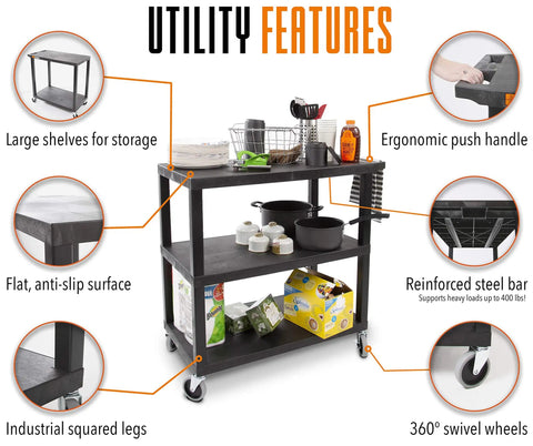 Three Shelf Flat Top Utility Cart That Handles Up To 300 Lbs Heavy Duty HDPE Shelves With Durable PVC Legs Smooth Rolling Wheels With Locking Feature A Workhorse For Office Warehouse Or Garage Storage And Easy Transport, three-shelf cart with shelves and swivel wheels