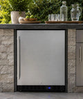 Hella Solid 24 Inch Built In Outdoor All Freezer Featuring True Frost Free Forced Air Cooling Slick Black Cabinet for patio use.