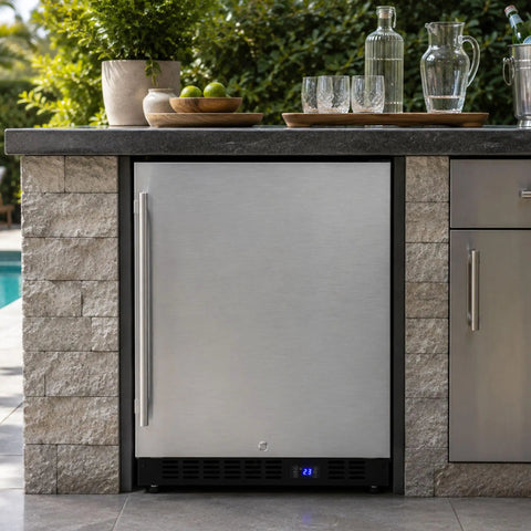 Hella Solid 24 Inch Built In Outdoor All Freezer Featuring True Frost Free Forced Air Cooling Slick Black Cabinet for patio use.