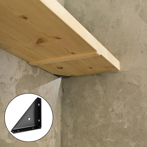 Heavy Duty Angle Corner Brackets, Black Steel Fasteners For Desk, Bed, And Furniture Edge Joints, 10-Piece Set supporting a wooden shelf