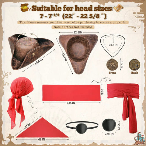 Badass Five Piece Pirate Costume Accessory Set For Men with size details of faux leather tricorn hat, red bandana, sash, eye patch, and medallion.
