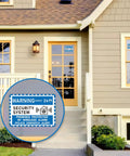 Image of a house with security alarm sign sticker on door, displaying 'Six-Pack Includes Six Security Alarm Sign Stickers Weatherproof Self-Adhesive 24 Seven Warning For Doors And Windows Indoor Outdoor Use 3.9 By 2.8 Inches Thick Durable Vinyl Peel-And-Stick For Home Office Shop' premises protected.