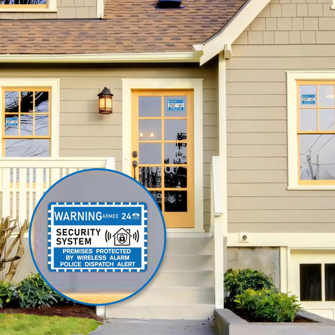 Image of a house with security alarm sign sticker on door, displaying 'Six-Pack Includes Six Security Alarm Sign Stickers Weatherproof Self-Adhesive 24 Seven Warning For Doors And Windows Indoor Outdoor Use 3.9 By 2.8 Inches Thick Durable Vinyl Peel-And-Stick For Home Office Shop' premises protected.