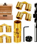 Hidden Barrel Hinge Kit 8mm Brass With Drill Bit And Depth Stop Collar 180 Degree Concealed Hinges For Wooden Boxes Jewelry Boxes DIY Crafts 8 Piece Set, showing brass hinges and accessories with wooden box.