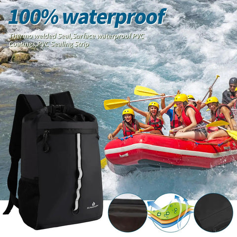 20L Waterproof Dry Bag Backpack With Waist Pouch And Phone Case For Kayaking And Boating next to raft on river