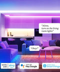 Smart Multicolor LED Light Strip Kit 10M 32.8ft RGBW illuminating a stylish modern living room with smart hub and switch integration.