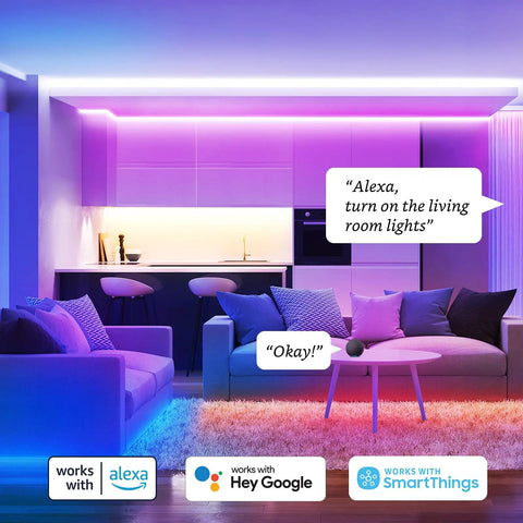 Smart Multicolor LED Light Strip Kit 10M 32.8ft RGBW illuminating a stylish modern living room with smart hub and switch integration.