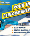 Close-up of pouring Enzyme Fuel Treatment Concentrate That Keeps Gas in Check and Ethanol Performance Solid into fuel tank