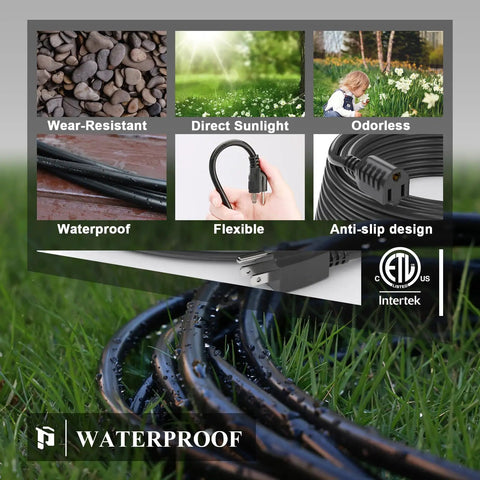 Heavy Duty Outdoor Extension Cord 25 Foot Waterproof 16 Gauge 3 Conductor Black Power Cable 13A 1625W SJTW ETL Listed