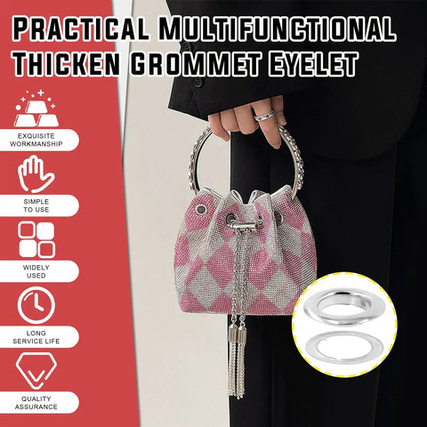 40 Piece Grommet Eyelet Set With Washers for DIY projects on a pink plaid bag with metal tassels