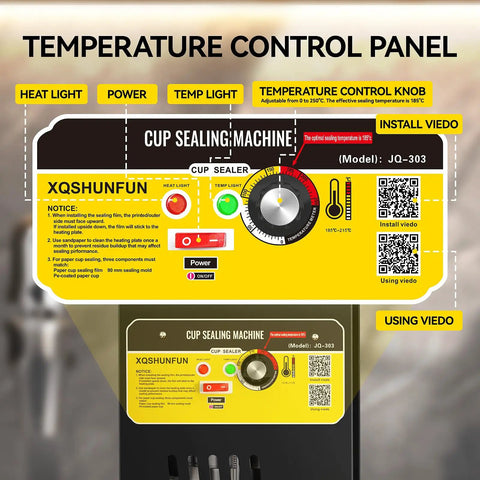 Temperature control panel of Heavy Duty Commercial Cup Sealer With Simple Dial Temp Control That Cranks Out 300 To 500 Cups An Hour And Locks Down 90 Mm And 95 Mm Paper And Pp Plastic Cups For No Stress Cafe Vibes.